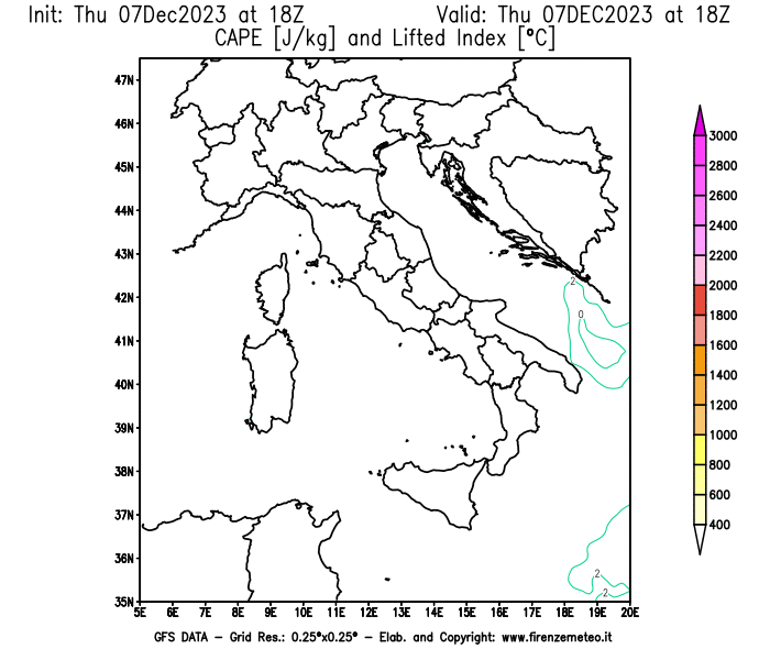 GFS analysi map - CAPE and Lifted Index in Italy
									on December 7, 2023 H18