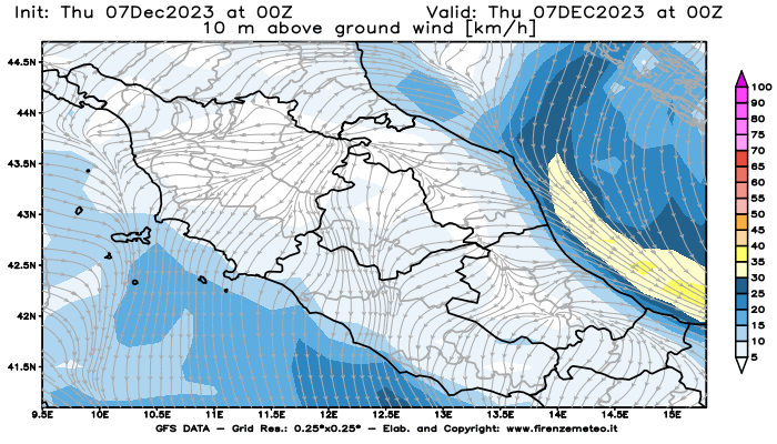 Mappa di analisi GFS - Velocità del vento a 10 metri dal suolo in Centro-Italia
							del 7 dicembre 2023 z00