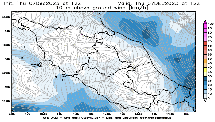 Mappa di analisi GFS - Velocità del vento a 10 metri dal suolo in Centro-Italia
							del 7 dicembre 2023 z12