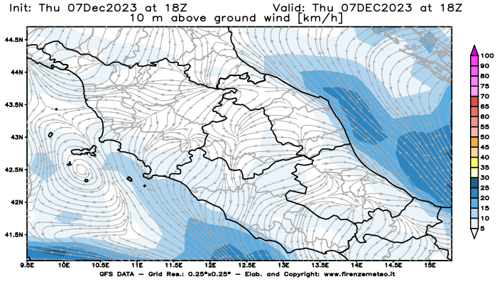 Mappa di analisi GFS - Velocità del vento a 10 metri dal suolo in Centro-Italia
							del 7 dicembre 2023 z18