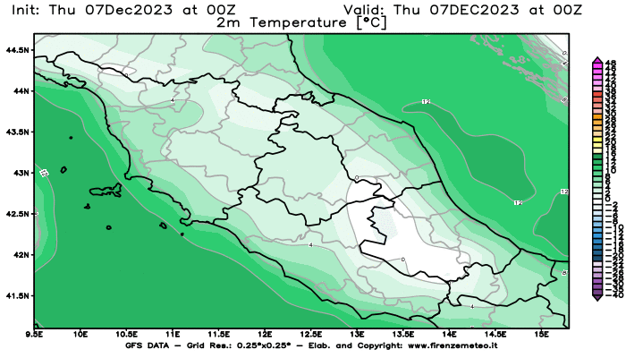 GFS analysi map - Temperature at 2 m above ground in Central Italy
									on December 7, 2023 H00