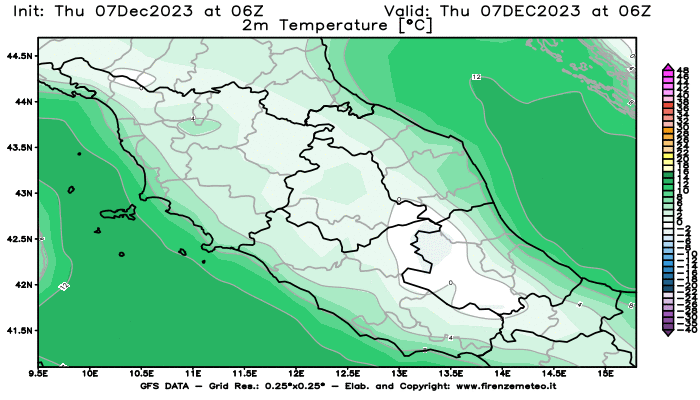 Mappa di analisi GFS - Temperatura a 2 metri dal suolo in Centro-Italia
							del 7 dicembre 2023 z06