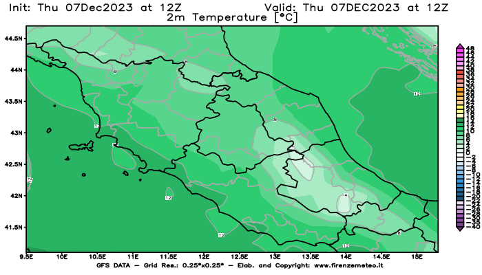 Mappa di analisi GFS - Temperatura a 2 metri dal suolo in Centro-Italia
							del 7 dicembre 2023 z12