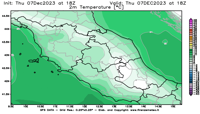 GFS analysi map - Temperature at 2 m above ground in Central Italy
									on December 7, 2023 H18