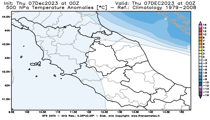 GFS analysi map - Temperature Anomalies at 500 hPa in Central Italy
									on December 7, 2023 H00