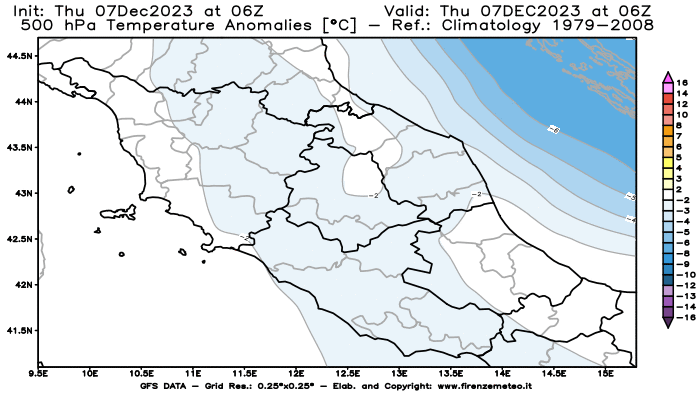 Mappa di analisi GFS - Anomalia Temperatura a 500 hPa in Centro-Italia
							del 7 dicembre 2023 z06