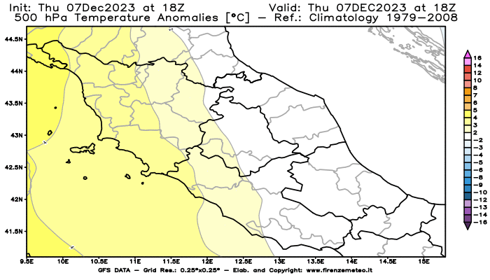 Mappa di analisi GFS - Anomalia Temperatura a 500 hPa in Centro-Italia
							del 7 dicembre 2023 z18