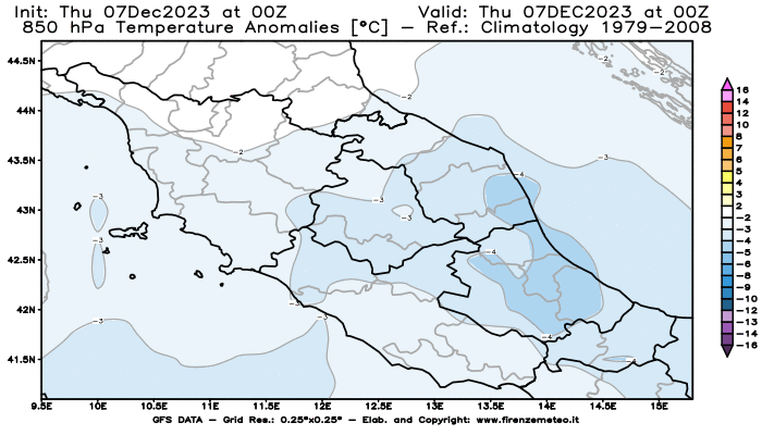 Mappa di analisi GFS - Anomalia Temperatura a 850 hPa in Centro-Italia
							del 7 dicembre 2023 z00