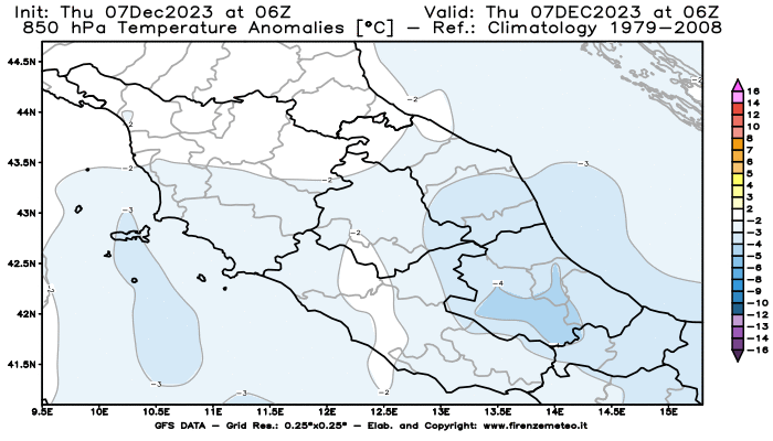 Mappa di analisi GFS - Anomalia Temperatura a 850 hPa in Centro-Italia
							del 7 dicembre 2023 z06
