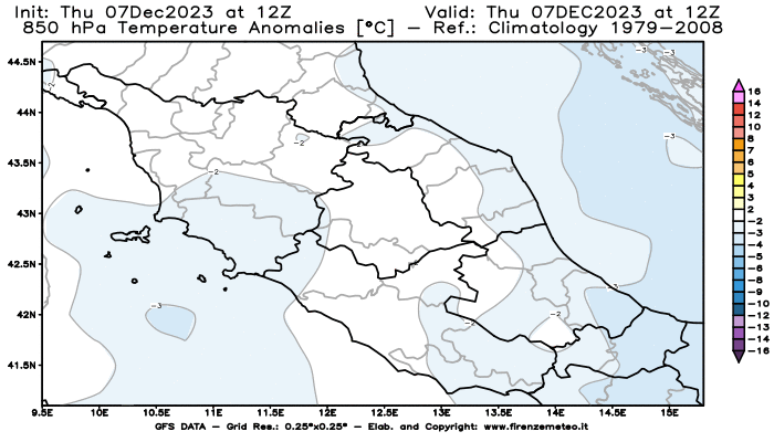 Mappa di analisi GFS - Anomalia Temperatura a 850 hPa in Centro-Italia
							del 7 dicembre 2023 z12
