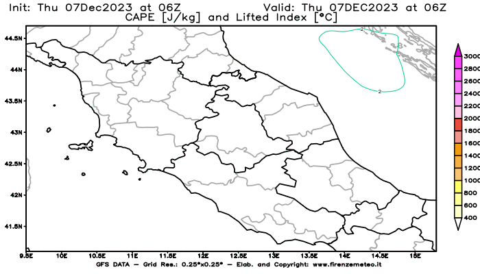 GFS analysi map - CAPE and Lifted Index in Central Italy
									on December 7, 2023 H06