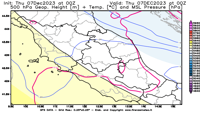 GFS analysi map - Geopotential + Temp. at 500 hPa + Sea Level Pressure in Central Italy
									on December 7, 2023 H00