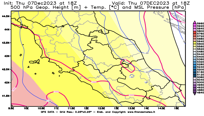 GFS analysi map - Geopotential + Temp. at 500 hPa + Sea Level Pressure in Central Italy
									on December 7, 2023 H18