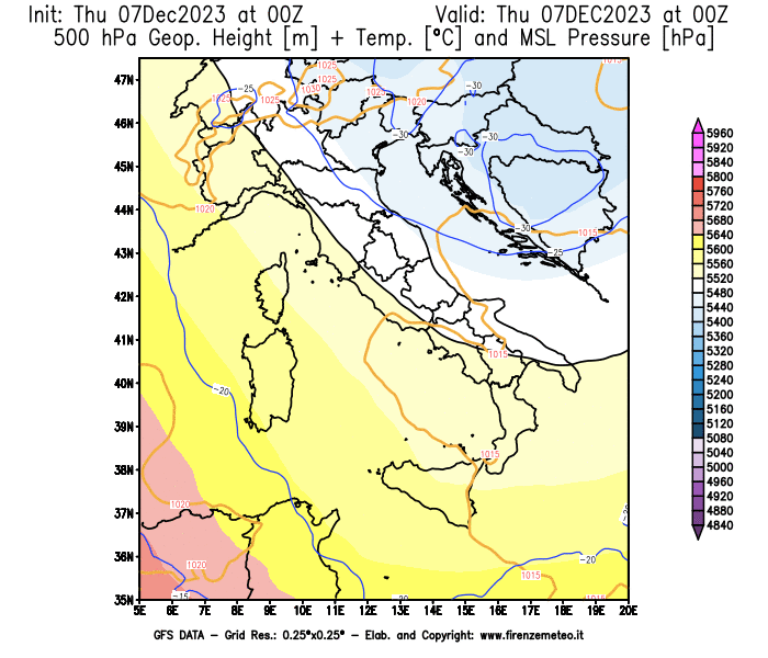 GFS analysi map - Geopotential + Temp. at 500 hPa + Sea Level Pressure in Italy
									on December 7, 2023 H00