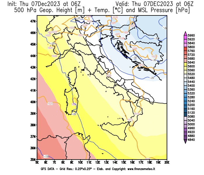 GFS analysi map - Geopotential + Temp. at 500 hPa + Sea Level Pressure in Italy
									on December 7, 2023 H06