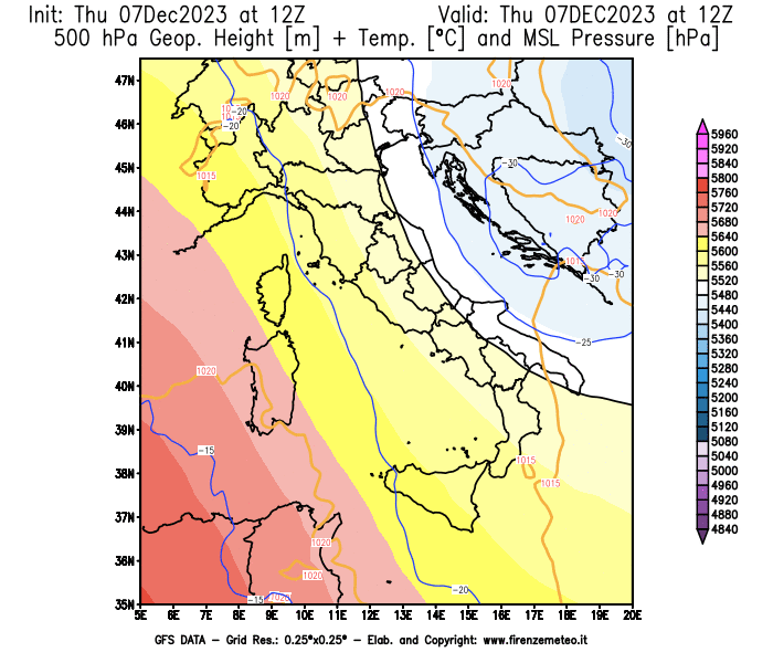 GFS analysi map - Geopotential + Temp. at 500 hPa + Sea Level Pressure in Italy
									on December 7, 2023 H12