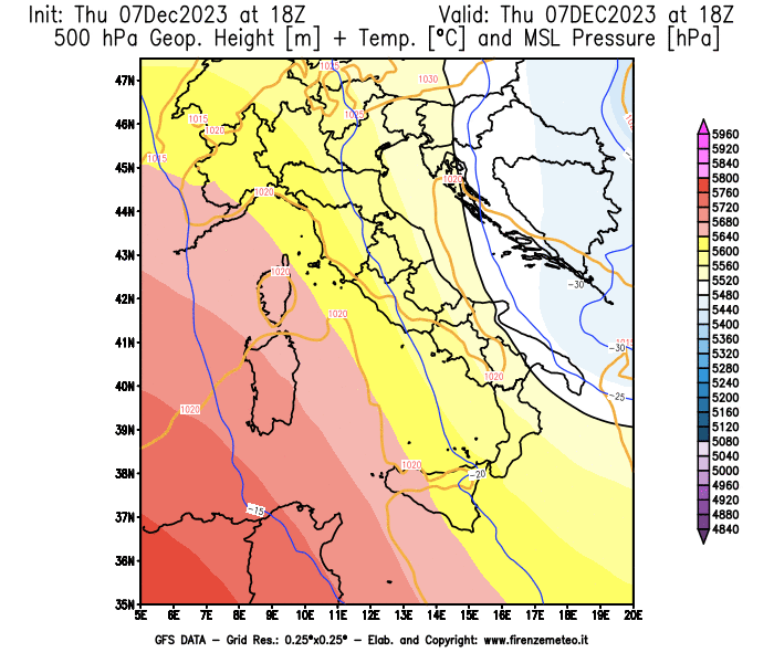 GFS analysi map - Geopotential + Temp. at 500 hPa + Sea Level Pressure in Italy
									on December 7, 2023 H18