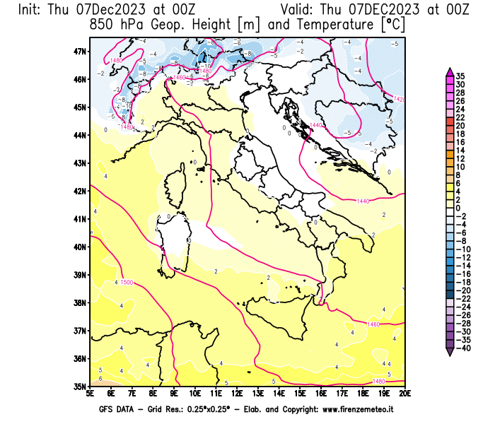 Mappa di analisi GFS - Geopotenziale e Temperatura a 850 hPa in Italia
							del 7 dicembre 2023 z00