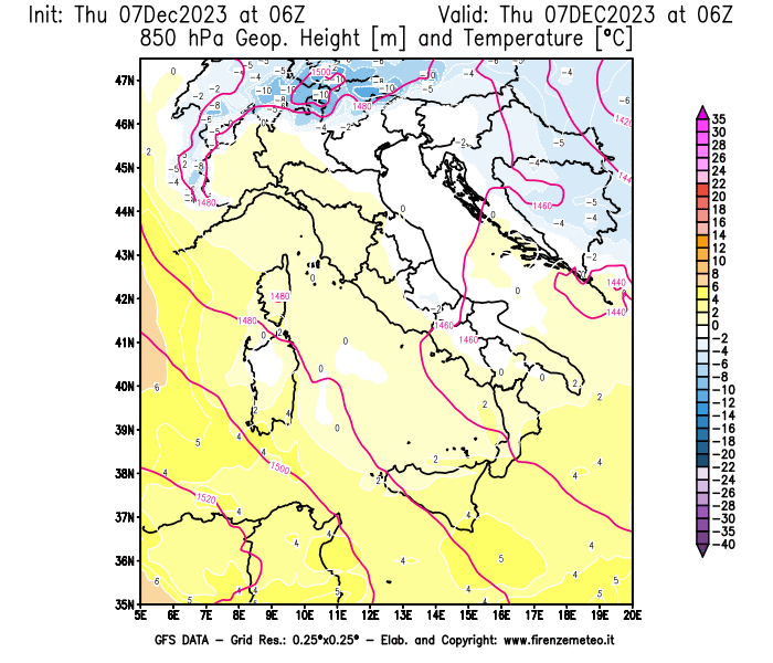 Mappa di analisi GFS - Geopotenziale e Temperatura a 850 hPa in Italia
							del 7 dicembre 2023 z06