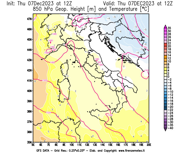 Mappa di analisi GFS - Geopotenziale e Temperatura a 850 hPa in Italia
							del 7 dicembre 2023 z12