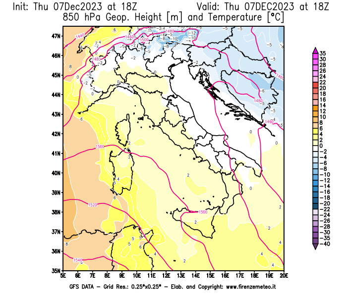 Mappa di analisi GFS - Geopotenziale e Temperatura a 850 hPa in Italia
							del 7 dicembre 2023 z18