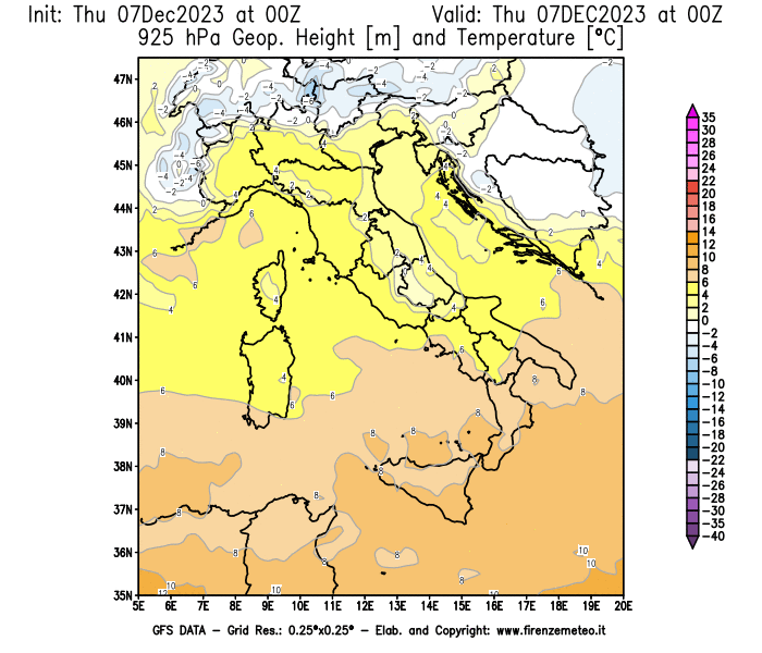 GFS analysi map - Geopotential and Temperature at 925 hPa in Italy
									on December 7, 2023 H00