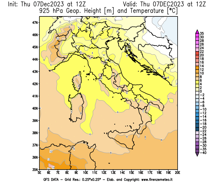 GFS analysi map - Geopotential and Temperature at 925 hPa in Italy
									on December 7, 2023 H12