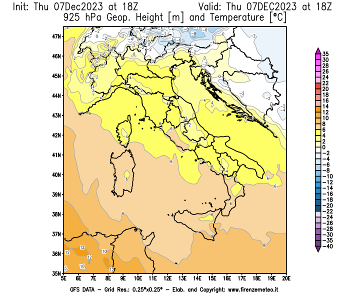 Mappa di analisi GFS - Geopotenziale e Temperatura a 925 hPa in Italia
							del 7 dicembre 2023 z18