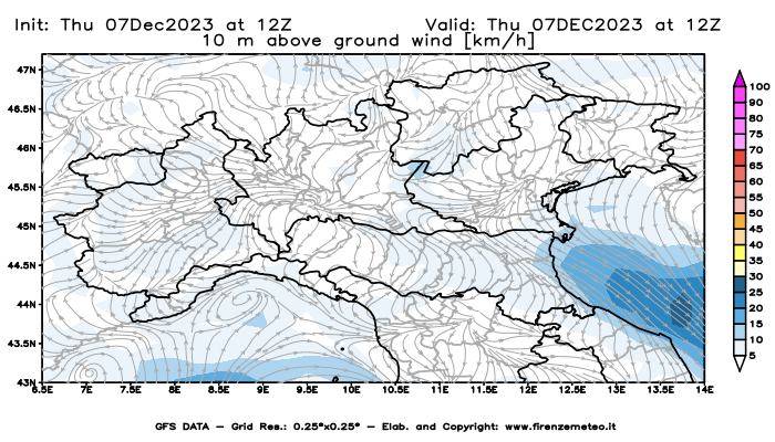Mappa di analisi GFS - Velocità del vento a 10 metri dal suolo in Nord-Italia
							del 7 dicembre 2023 z12