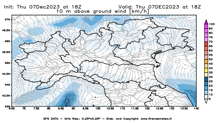 Mappa di analisi GFS - Velocità del vento a 10 metri dal suolo in Nord-Italia
							del 7 dicembre 2023 z18