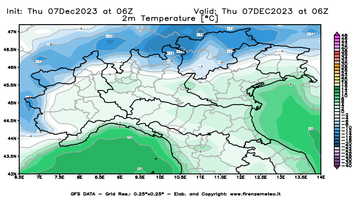 GFS analysi map - Temperature at 2 m above ground in Northern Italy
									on December 7, 2023 H06