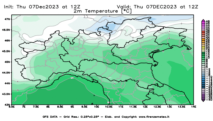 GFS analysi map - Temperature at 2 m above ground in Northern Italy
									on December 7, 2023 H12