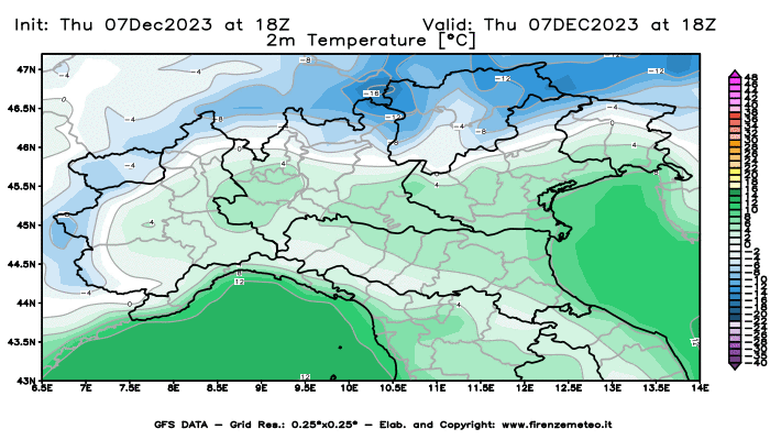 GFS analysi map - Temperature at 2 m above ground in Northern Italy
									on December 7, 2023 H18