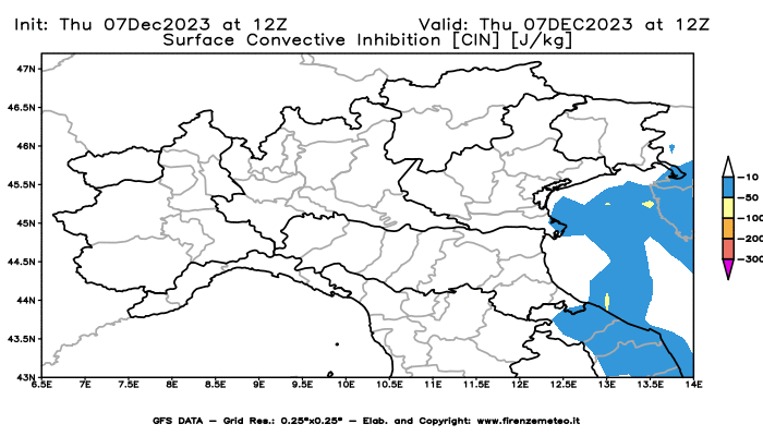 GFS analysi map - CIN in Northern Italy
									on December 7, 2023 H12