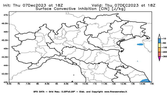 Mappa di analisi GFS - CIN in Nord-Italia
							del 7 dicembre 2023 z18