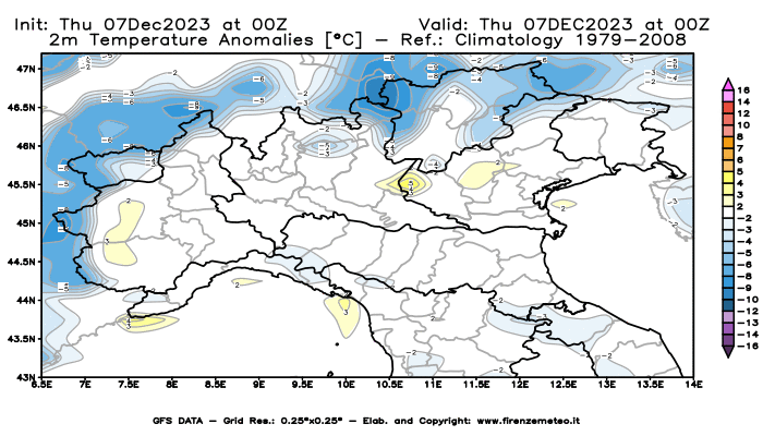 Mappa di analisi GFS - Anomalia Temperatura a 2 m in Nord-Italia
							del 7 dicembre 2023 z00