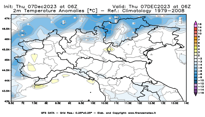 Mappa di analisi GFS - Anomalia Temperatura a 2 m in Nord-Italia
							del 7 dicembre 2023 z06