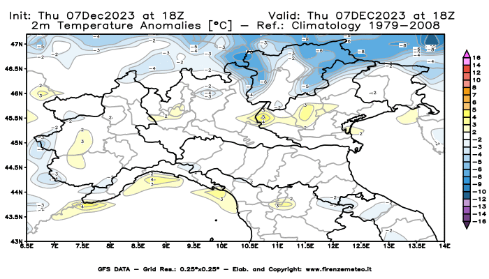 Mappa di analisi GFS - Anomalia Temperatura a 2 m in Nord-Italia
							del 7 dicembre 2023 z18