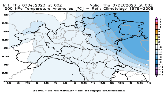 Mappa di analisi GFS - Anomalia Temperatura a 500 hPa in Nord-Italia
							del 7 dicembre 2023 z00
