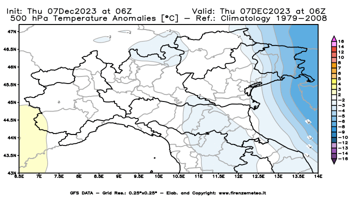 Mappa di analisi GFS - Anomalia Temperatura a 500 hPa in Nord-Italia
							del 7 dicembre 2023 z06