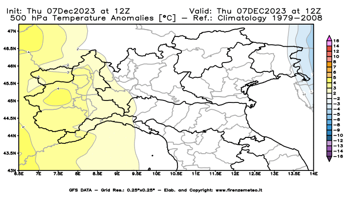 Mappa di analisi GFS - Anomalia Temperatura a 500 hPa in Nord-Italia
							del 7 dicembre 2023 z12
