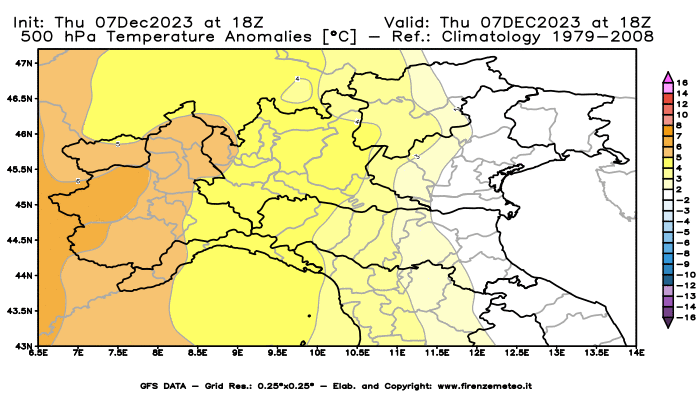 Mappa di analisi GFS - Anomalia Temperatura a 500 hPa in Nord-Italia
							del 7 dicembre 2023 z18