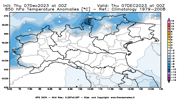 Mappa di analisi GFS - Anomalia Temperatura a 850 hPa in Nord-Italia
							del 7 dicembre 2023 z00