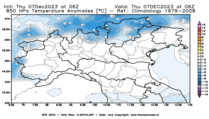 Mappa di analisi GFS - Anomalia Temperatura a 850 hPa in Nord-Italia
							del 7 dicembre 2023 z06