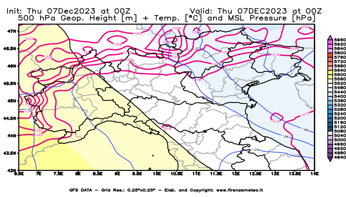 GFS analysi map - Geopotential + Temp. at 500 hPa + Sea Level Pressure in Northern Italy
									on December 7, 2023 H00
