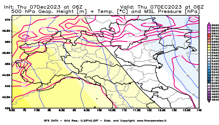 GFS analysi map - Geopotential + Temp. at 500 hPa + Sea Level Pressure in Northern Italy
									on December 7, 2023 H06