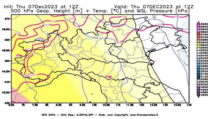 GFS analysi map - Geopotential + Temp. at 500 hPa + Sea Level Pressure in Northern Italy
									on December 7, 2023 H12