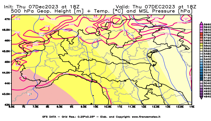 GFS analysi map - Geopotential + Temp. at 500 hPa + Sea Level Pressure in Northern Italy
									on December 7, 2023 H18
