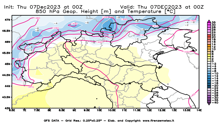 Mappa di analisi GFS - Geopotenziale e Temperatura a 850 hPa in Nord-Italia
							del 7 dicembre 2023 z00