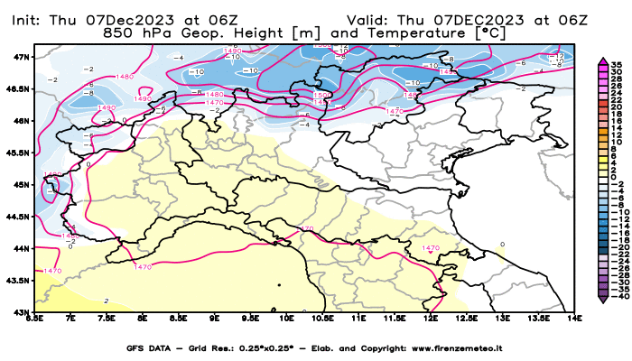 GFS analysi map - Geopotential and Temperature at 850 hPa in Northern Italy
									on December 7, 2023 H06